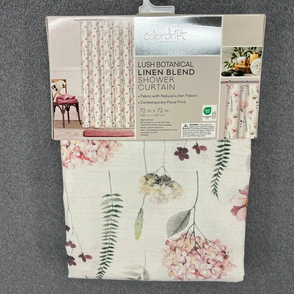 Colordrift Shower Curtain 72x72 Pink Floral Linen Blend Lush Botanical NEW